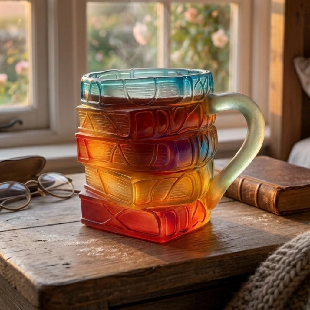 Glas Kaffeebecher Buch Design 3D Stapelbuch Motiv Geschenk