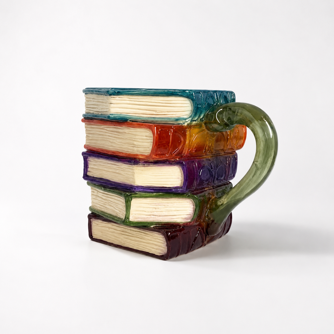 Glas Kaffeebecher Buch Design 3D Stapelbuch Motiv Geschenk