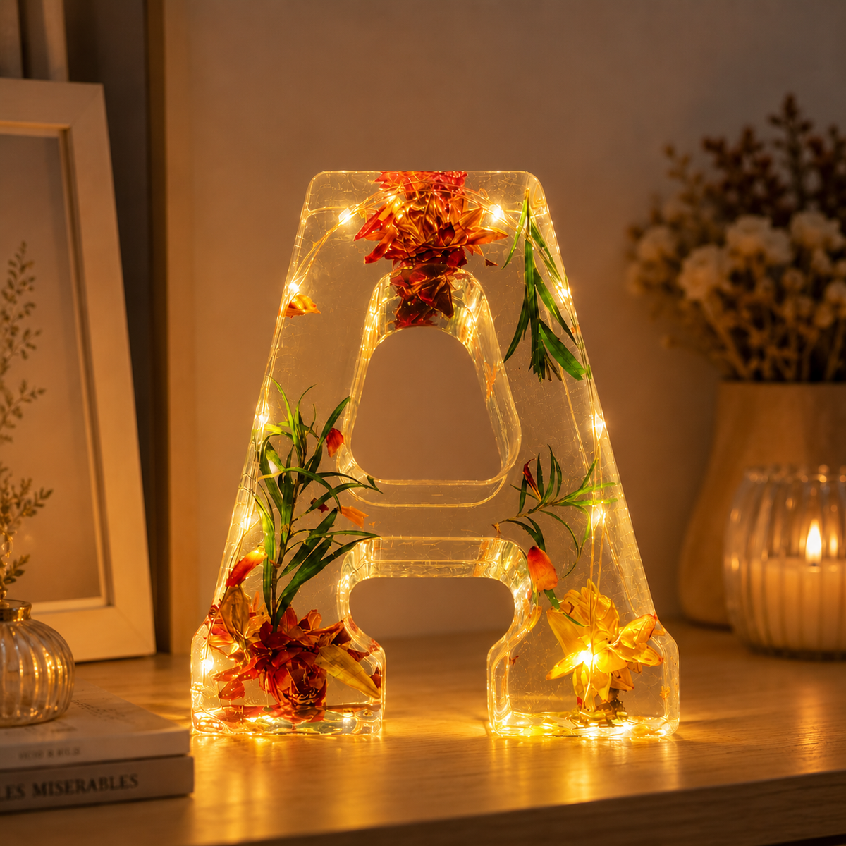 Lámpara de resina con letra y flores secas