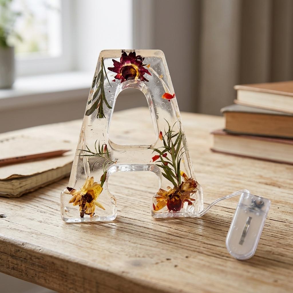Lámpara de resina con letra y flores secas