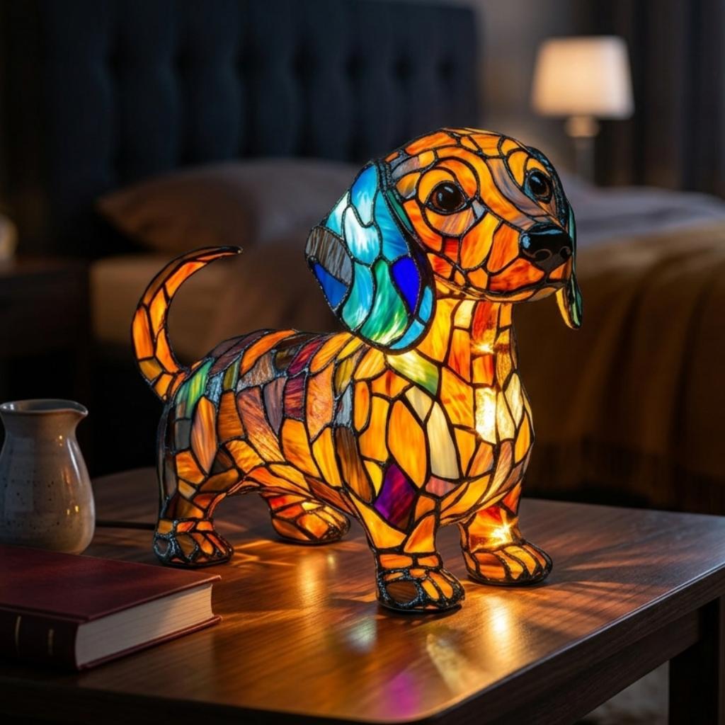 Tischlampe Hund aus Bleiglas im Tiffany Stil – Farbige Glaslampe