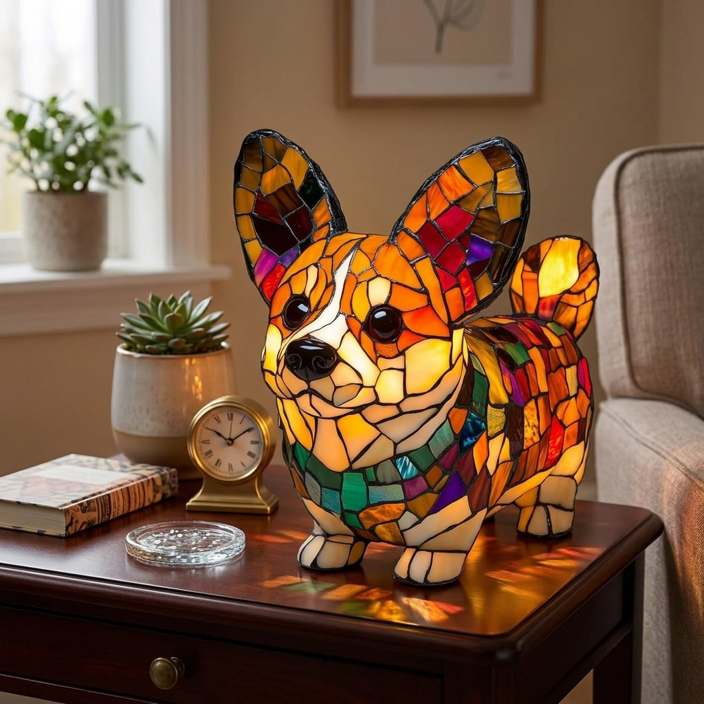 Table Lamp Stained Glass Style Dog LED Night Light Decor