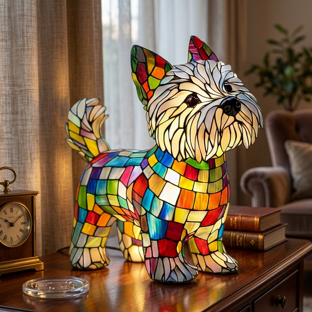 Table Lamp Stained Glass Style Dog LED Night Light Decor