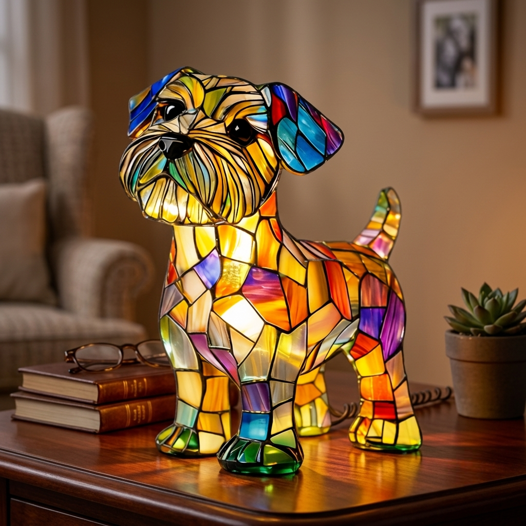 Table Lamp Stained Glass Style Dog LED Night Light Decor