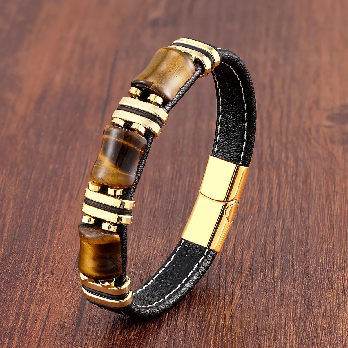 Braccialetto in pelle con pietra naturale occhio di tigre