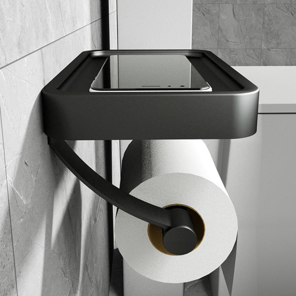Porta rotolo di carta igienica con mensola in metallo nero
