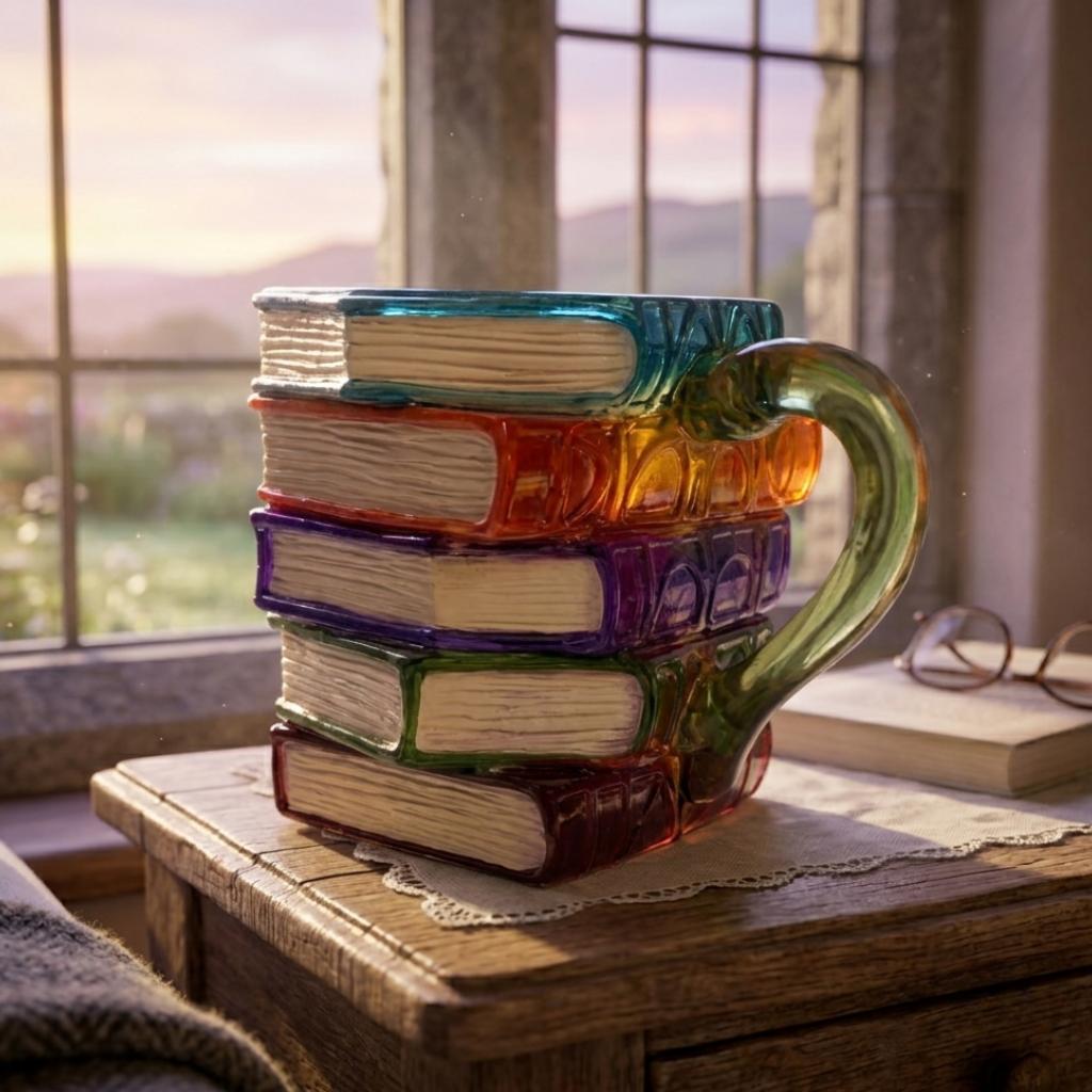 Glas Kaffeebecher Buch Design 3D Stapelbuch Motiv Geschenk