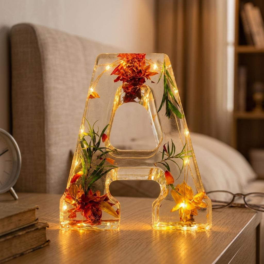 Lampe en résine Lettre avec fleurs séchées