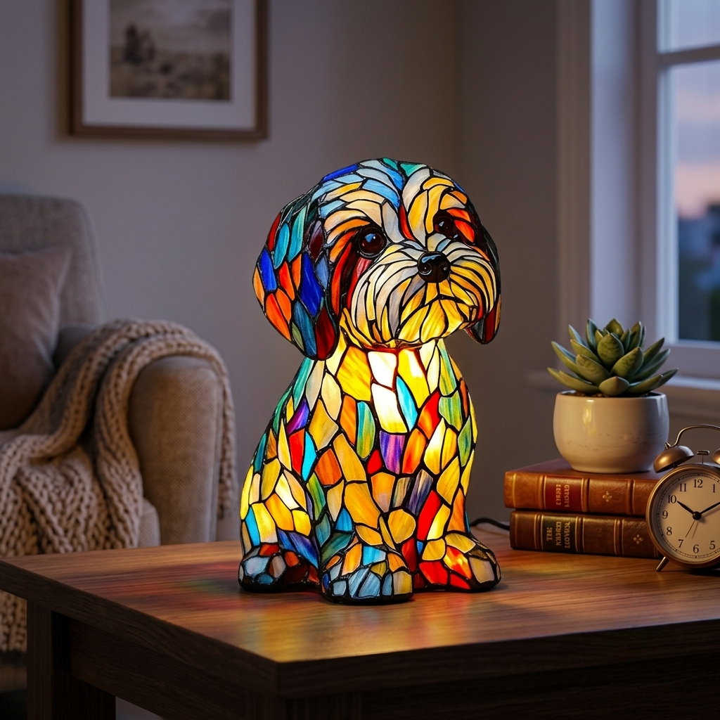 Table Lamp Stained Glass Style Dog LED Night Light Decor
