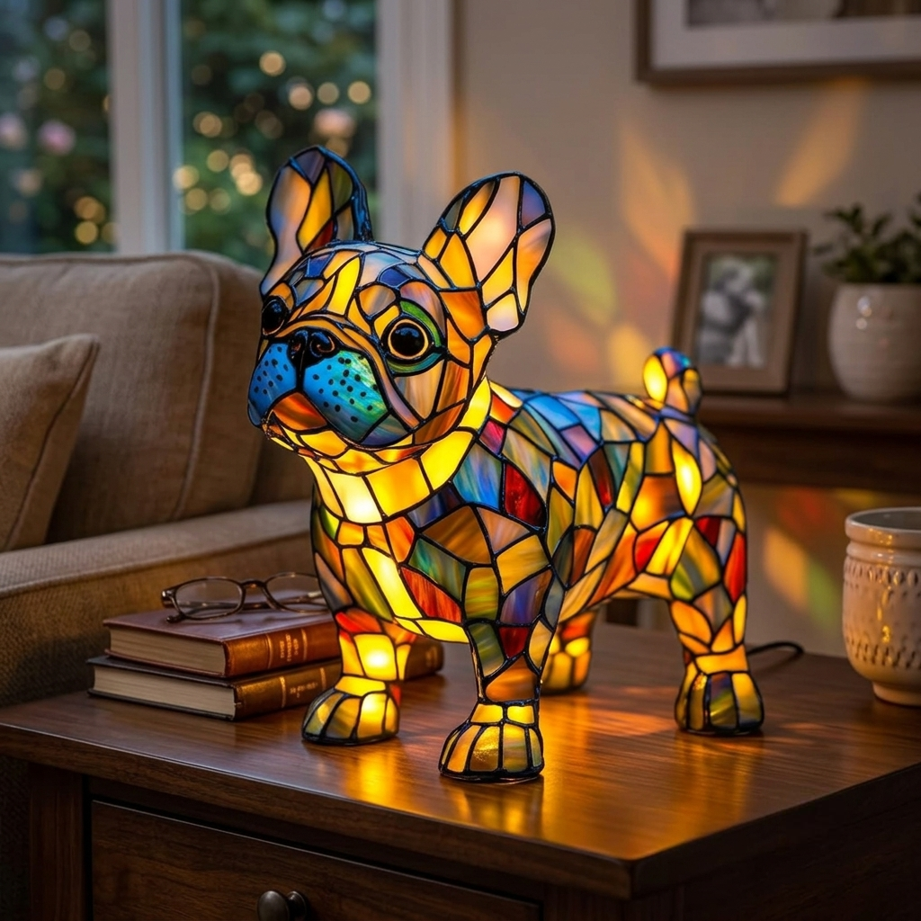 Table Lamp Stained Glass Style Dog LED Night Light Decor