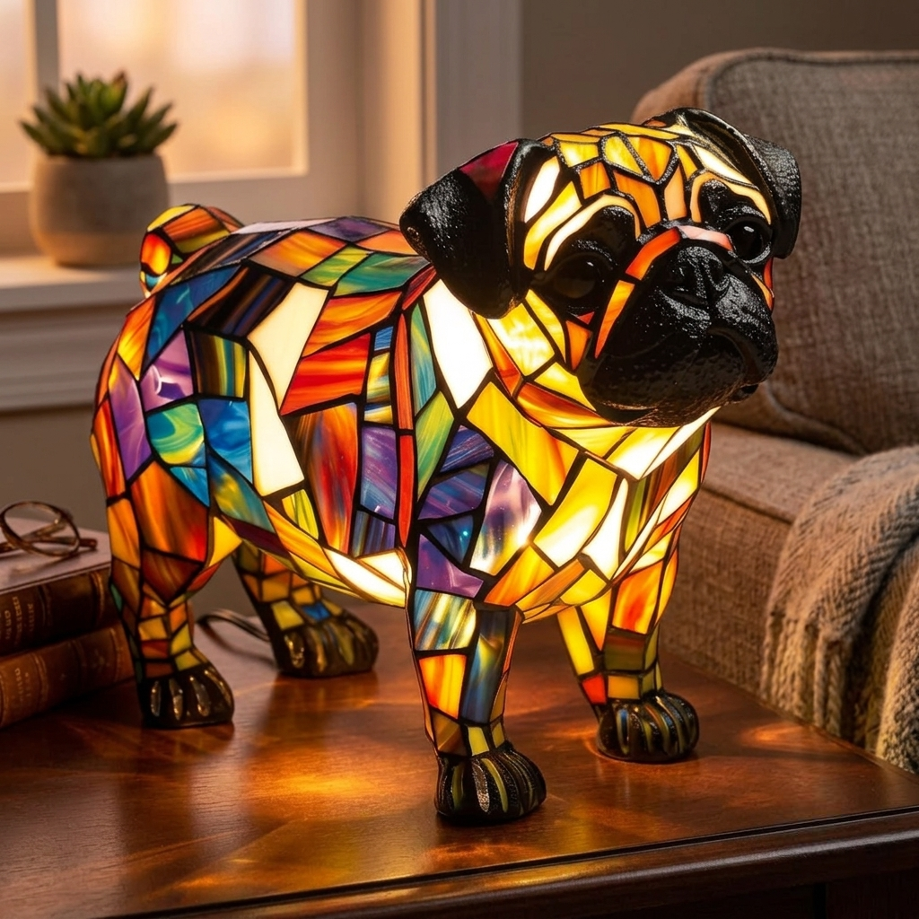 Table Lamp Stained Glass Style Dog LED Night Light Decor