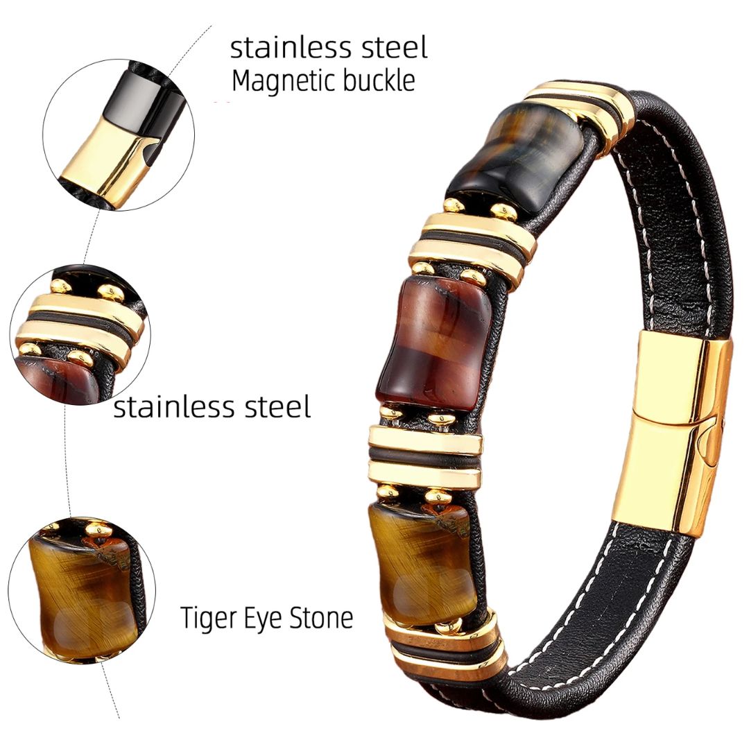 Braccialetto in pelle con pietra naturale occhio di tigre