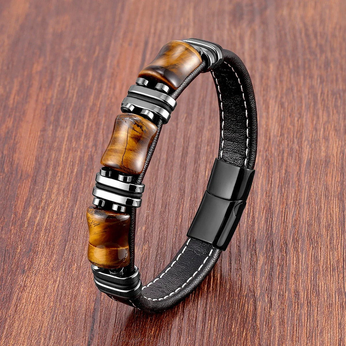 Braccialetto in pelle con pietra naturale occhio di tigre