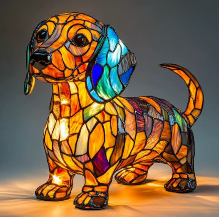 Tischlampe Hund aus Bleiglas im Tiffany Stil – Farbige Glaslampe